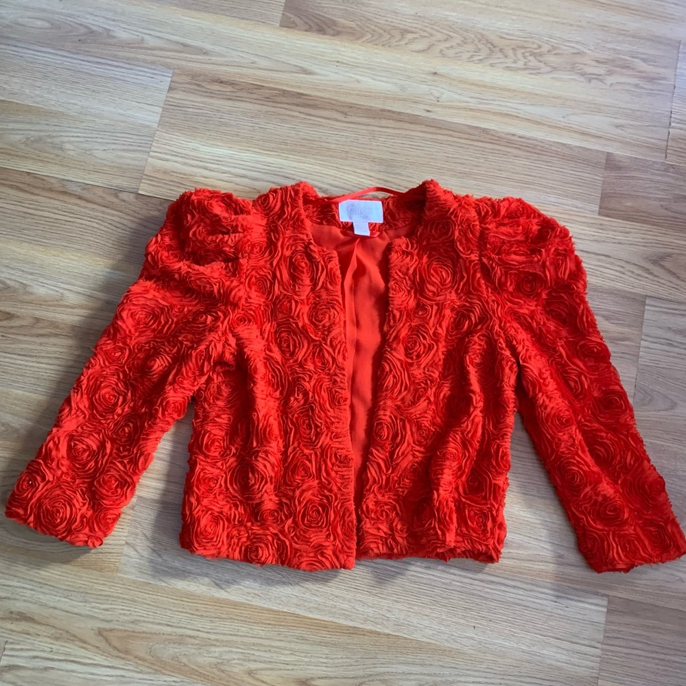H&M The Garden Collection red rose textured bolero shrug style Jacket blazer 6